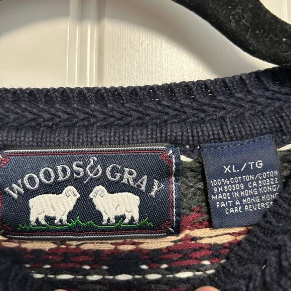 Vintage Woods & Gray Striped Knit Sweater XL Cottagecore Grandpa Navy Burgundy - Picture 3 of 9